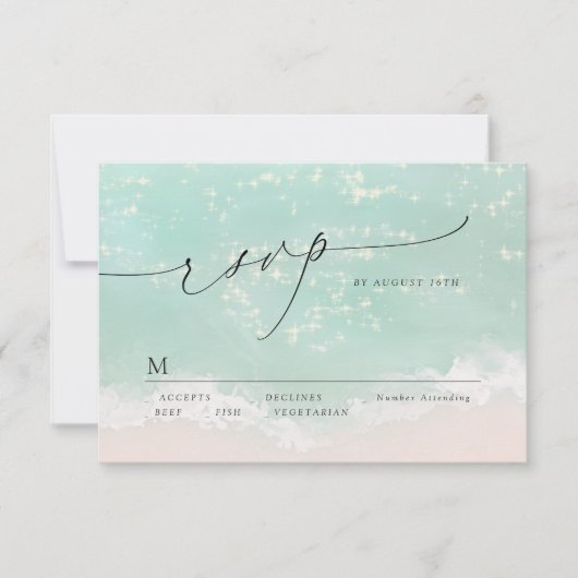 Modern Script Sand Hearts Beach Wedding RSVP (正面)