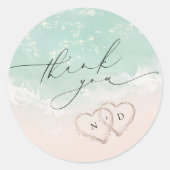 Modern Script Sand Hearts Beach Wedding Thank You ラウンドシール (正面)