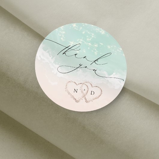 Modern Script Sand Hearts Beach Wedding Thank You ラウンドシール