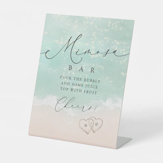 Modern Script Sand Hearts Bridal Shower Mimosa Bar 台座サイン (正面)
