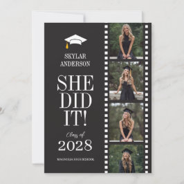 Modern Script Senior Photo Graduation Black Reel 招待状