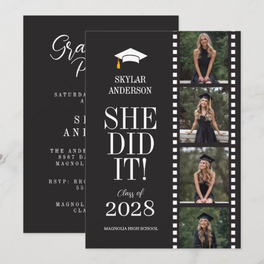 Modern Script Senior Photo Graduation Black Reel 招待状 (正面/裏面)