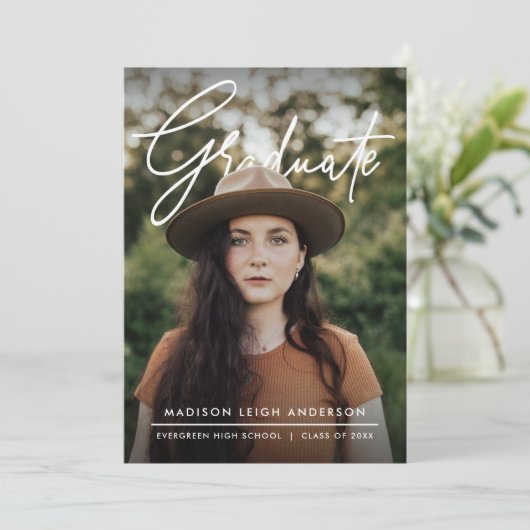 Modern Script Simple Photo Graduation Announcement 招待状 (スタンド正面)