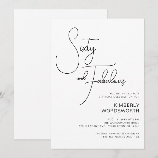 Modern Script Sixty and Fabulous 60th Birthday 招待状 (正面/裏面)