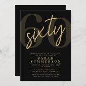 Modern Script Sixty Black Gold 60th Birthday Party 招待状 (正面/裏面)
