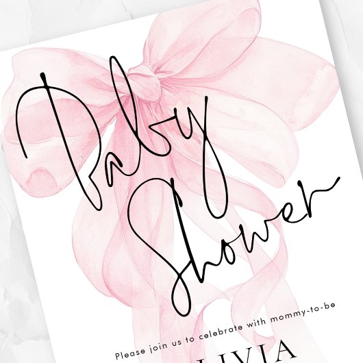 Modern Script Soft Pink Bow Baby Shower 招待状