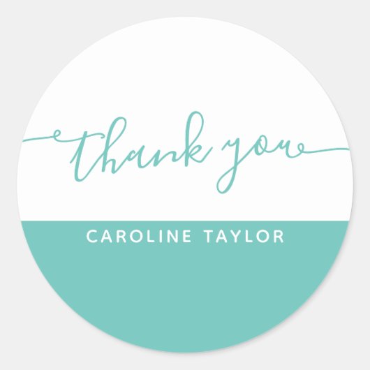 Modern Script Teal & White Thank You ラウンドシール (正面)