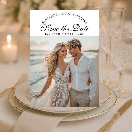 Modern Script Two Beach Photos Destination Wedding セーブザデート