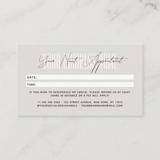 Modern script typography professional reminder 予約カード (裏面)