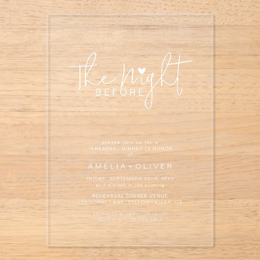Modern Script Typography Rehearsal Dinner アクリル招待状 (正面)