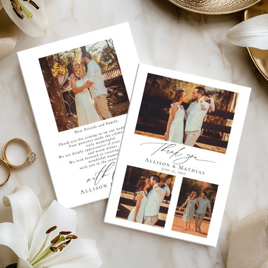 Modern Script Wedding Photo Collage サンキューカード