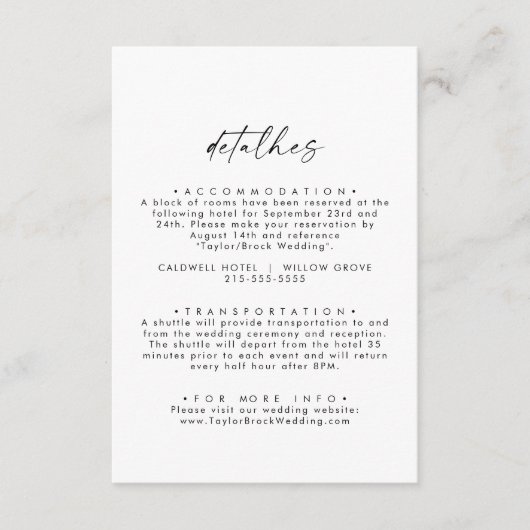 Modern Script Wedding Portuguese Detalhes エンクロージャーカード (正面)