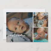 Modern Script "Welcome" 4-Photo Baby Birth 案内状 (正面)