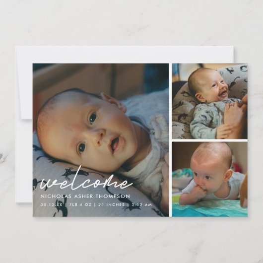 Modern Script "Welcome" 4-Photo Baby Birth 案内状 (正面)