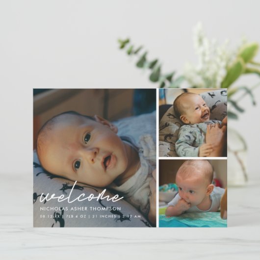 Modern Script "Welcome" 4-Photo Baby Birth 案内状 (スタンド正面)