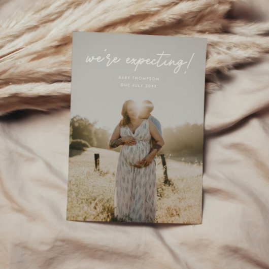 Modern Script 'We're Expecting' Pregnancy Photo 案内状