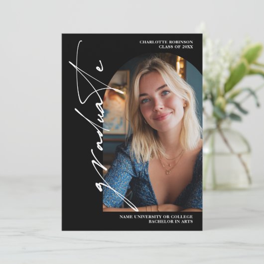  Modern Script white graduate photo graduation 招待状 (スタンド正面)