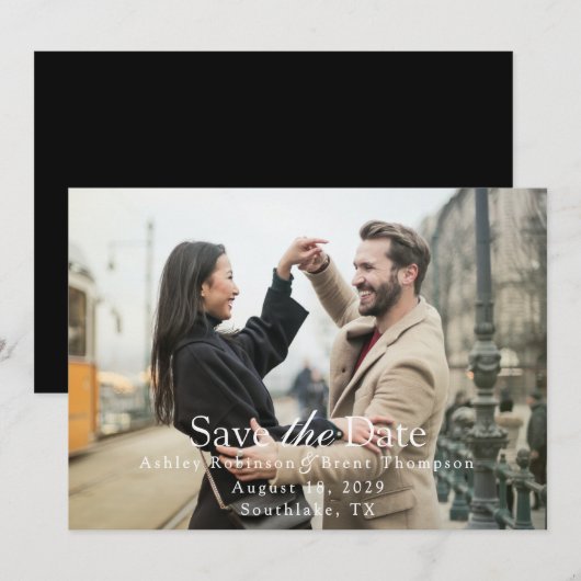 Modern Script White Text Horizontal Photo (正面/裏面)