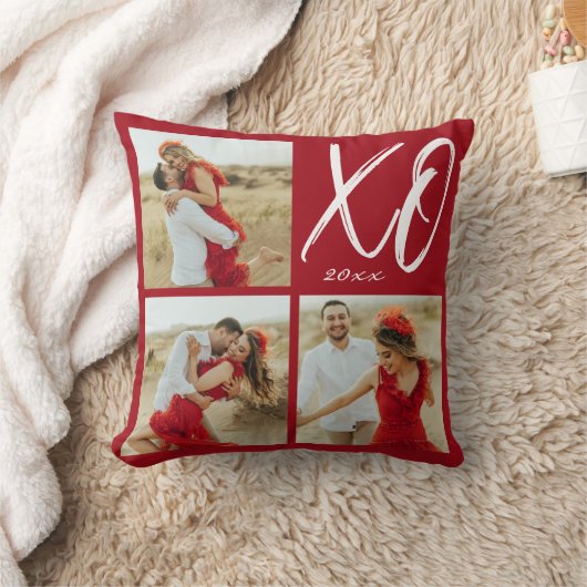 Modern Script XO Year Photo Collage Hearts クッション (ブランケット)