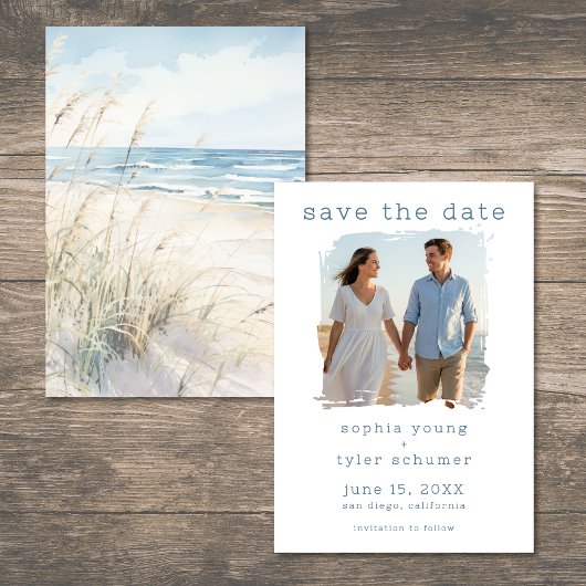Modern Seaside Watercolor Beach Grasses Wedding セーブザデート