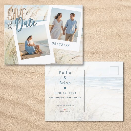 Modern Seaside Watercolor Beach Photo Wedding 案内ポストカード