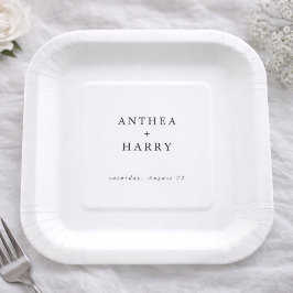 Modern Serif Black White Wedding Paper Plate ペーパープレート