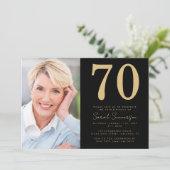 Modern Seventieth Black Gold Photo 70th Birthday 招待状 (スタンド正面)