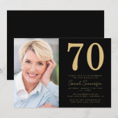 Modern Seventieth Black Gold Photo 70th Birthday 招待状 (正面/裏面)