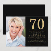 Modern Seventy Black Gold Photo 70th Birthday 招待状 (正面/裏面)