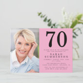 Modern Seventy Pink Black Photo 70th Birthday 招待状 (スタンド正面)