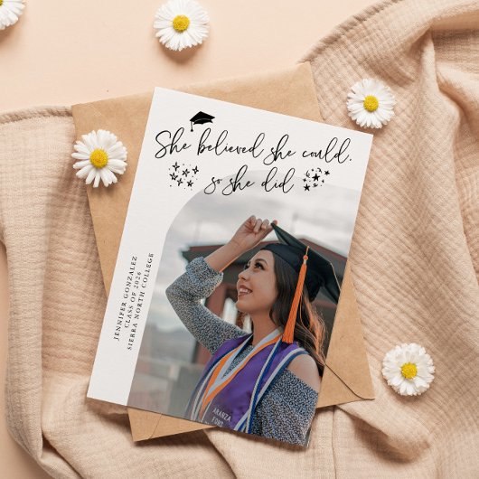 Modern She Believed White Graduate Curved Photo 案内状