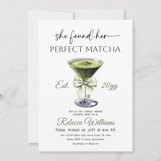 Modern She Found Her Perfect Matcha Bridal Shower 招待状 (正面)