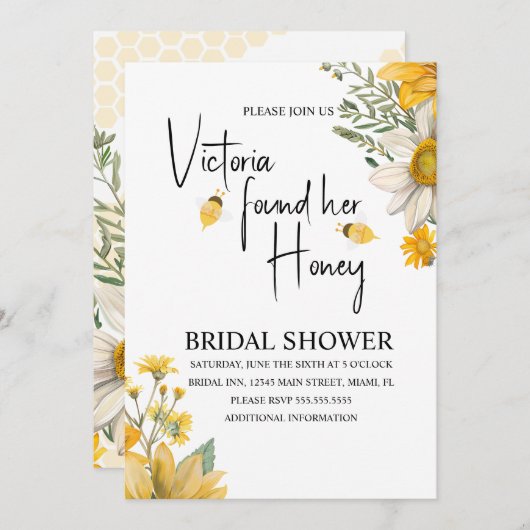 Modern She’s Found Her Honey Bee Bridal Shower 招待状 (正面/裏面)
