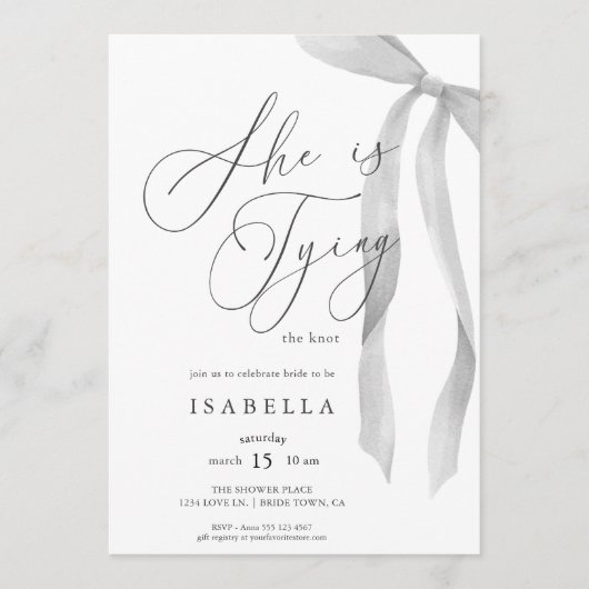 Modern She's Tying The Knot Bow Bridal Shower 招待状 (正面)