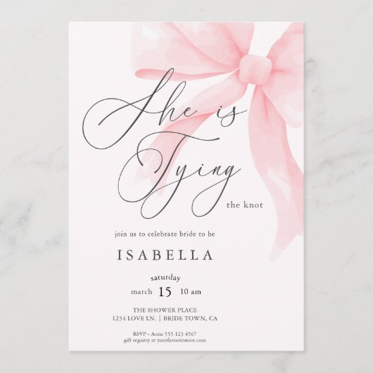 Modern She's Tying The Knot Pink Bow Bridal Shower 招待状 (正面)