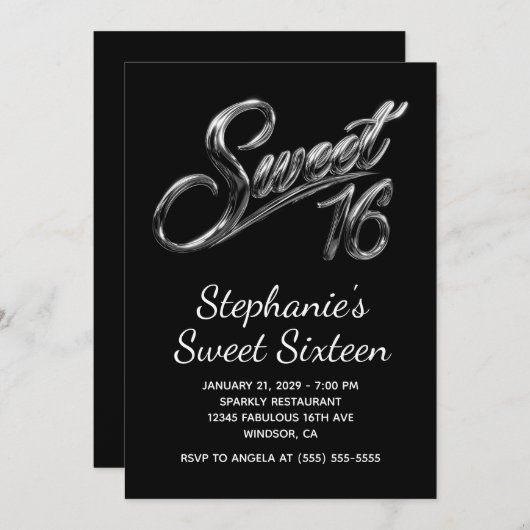 Modern Silver Black Chrome Sweet 16 招待状 (正面/裏面)