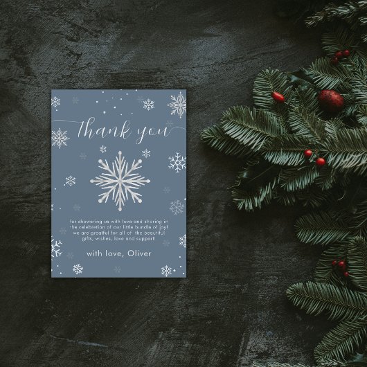 Modern Silver Blue Magical Snowflake Baby Shower サンキューカード