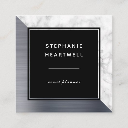 Modern Silver Brushed Foil White Marble Black スクエア名刺 (正面)