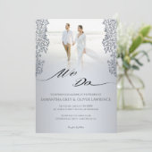 Modern Silver Damask Photo Wedding Invitation サンキューカード (スタンド正面)