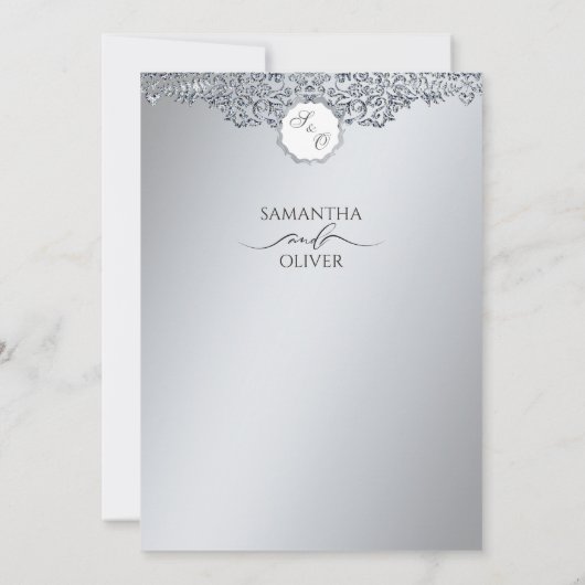 Modern Silver Damask Photo Wedding Invitation サンキューカード (裏面)
