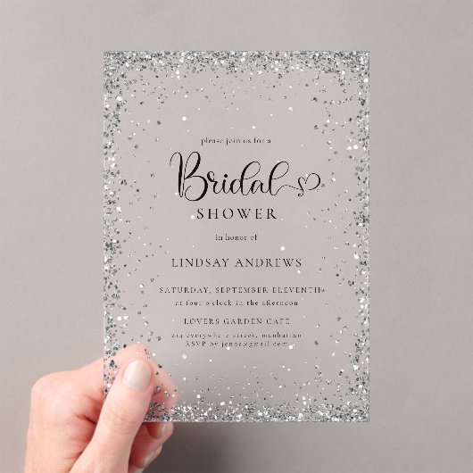 Modern Silver Glitter Bridal Shower  アクリル招待状 (インサイチュ (ポータブル))