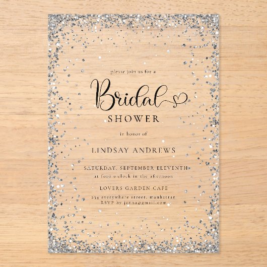 Modern Silver Glitter Bridal Shower  アクリル招待状 (正面)