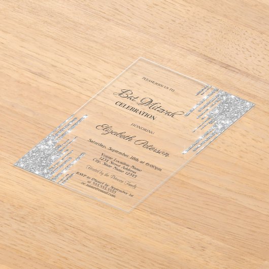 Modern Silver Glitter Drips Rose Gold Bar Mitzvah アクリル招待状 (レイダウン)