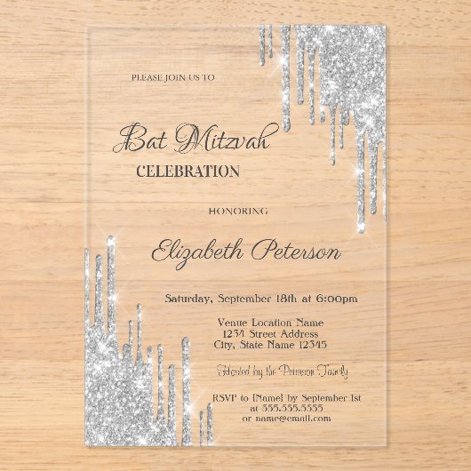 Modern Silver Glitter Drips Rose Gold Bar Mitzvah アクリル招待状 (正面)