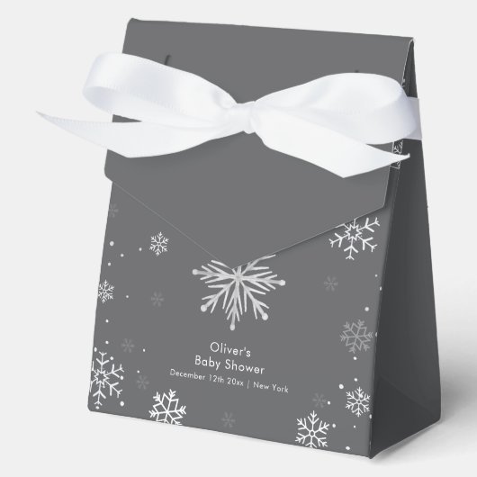 Modern Silver Grey Magical Snowflake Baby Shower フェイバーボックス (正面)