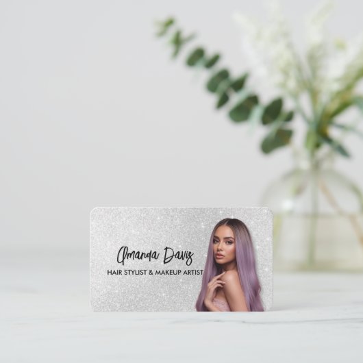 Modern Silver Makeup Photo QR Code Logo 名刺 (スタンド正面)