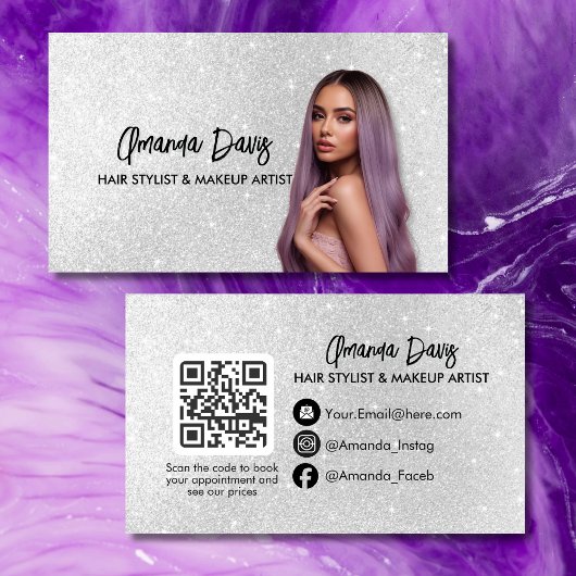 Modern Silver Makeup Photo QR Code Logo 名刺