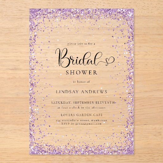 Modern Silver Purple Glitter Bridal Shower  アクリル招待状 (正面)