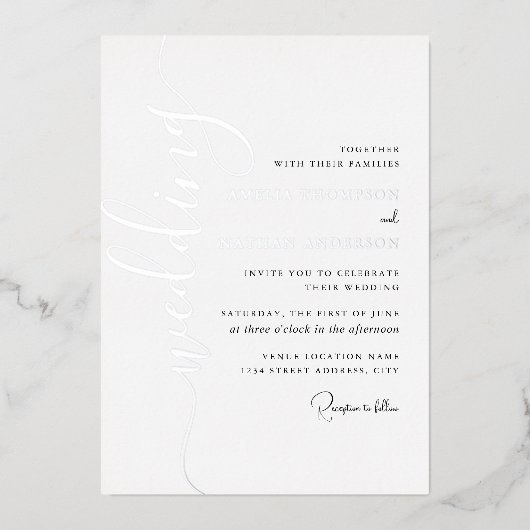 Modern Silver Script Wedding  箔招待状 (正面)