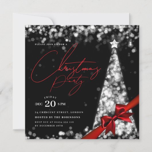 MODERN Silver Winter Christmas Tree Bow Party  招待状 (正面)
